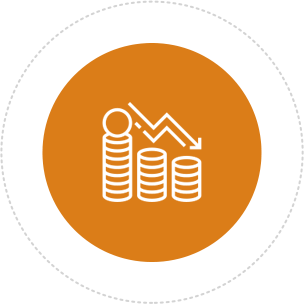 Cost reduction 아이콘. 여러개의 동전과 하향선으로 이루어져 있다.